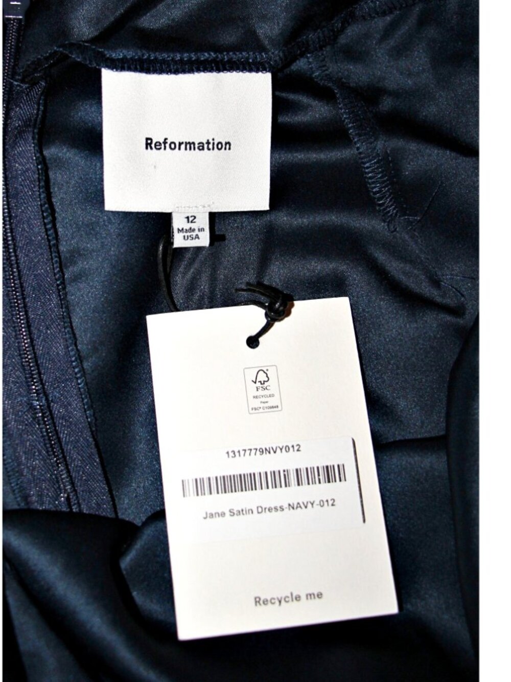 Reformation Jane Open Back Satin Dress with Back Slit in Navy sz 12 $298 - Picture 12 of 13